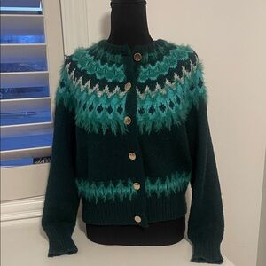Free Assembly Elegant Forest Green Fair Isle Patterned Women's Cardigan